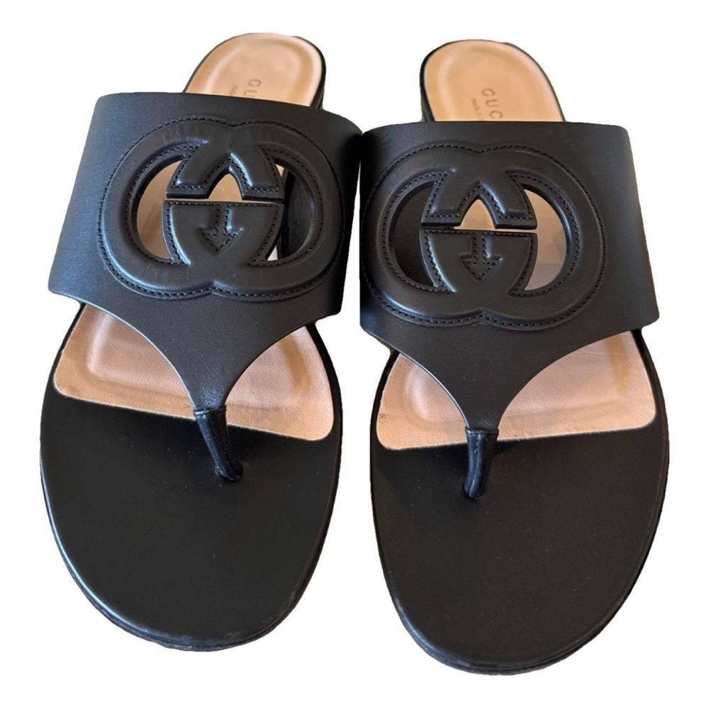 Gucci Black Leather GG Interlocking Cut Out Thong Sandals EU 38.5 US 8.5 - Picture 1 of 11